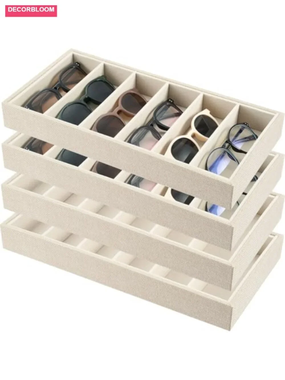 Set of 4 Velvet Sunglass Trays 6 Grids Linen Organizer Stackable Storage
